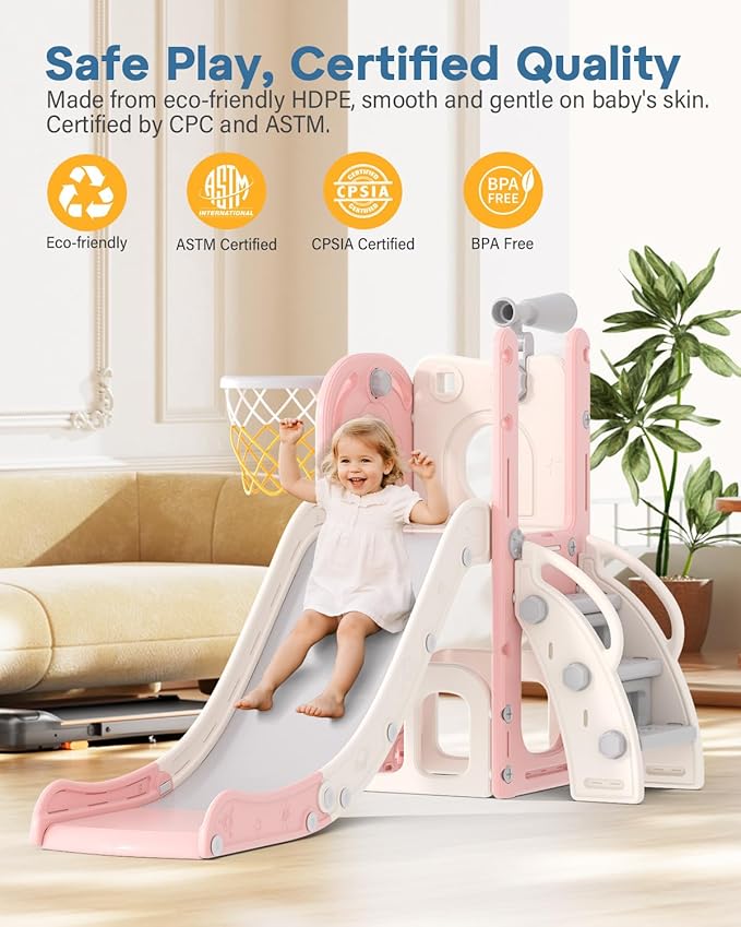 Babytronic Toddler Slide, 6 in 1 Kids Indoor Slide for Toddlers 1-3, Baby Indoor and Outdoor Climber Playset, Kids Slide with Basketball Hoop and Telescope, Toddler Outdoor Playground (Pink)