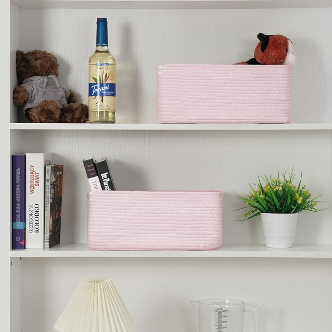 3 Pack Storage Baskets for Organizing, 13.7×9.5×6.3", Mixed Pink | Woven Baskets for Shelves, Cotton Rope Basket for Gifts Empty, Closet Organizer Bins with Handles, Cube Decorative Box