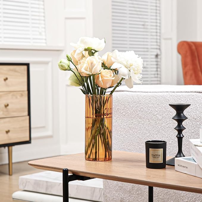 ComSaf Glass Cylinder Vase 8 Inch Tall, Amber Ribbed Decor for Centerpieces | Decorative Flower Vase, Hurricane Floating Candle Holder, Wedding Decor, Reception Table, Home Accent, Housewarming Gift