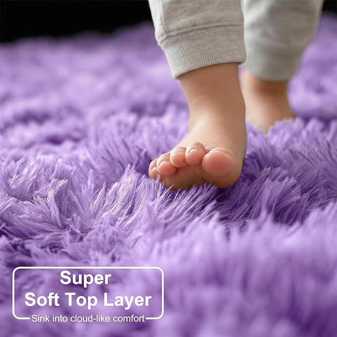 Amdrebio Purple Fluffy Kids Area Rug 4x6 for Girls Bedroom Dorm Nursery | Shaggy Furry Fuzzy Plush Shag Lavender Carpet, Classroom Playroom Living Room Decor, Baby Toddler Corner, Cutecore Aesthetic