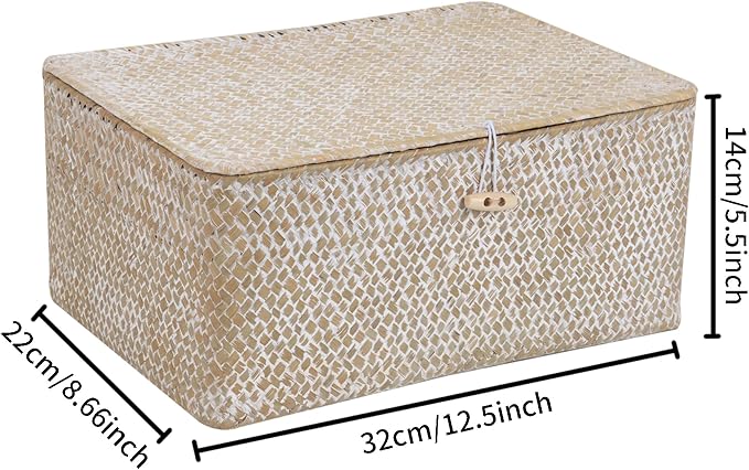 FEIALNDUO Wicker Shelf Baskets with Lid,Seagrass Storage Basket Bins Rectangular Handwoven Basket Boxes for Shelves Desktop Home Organizer (Whitewash, Large)
