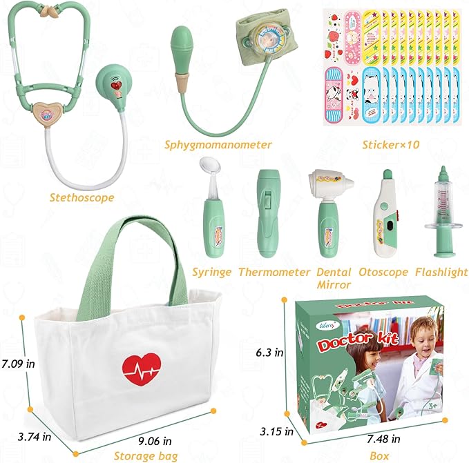 Liberry Doctor Kit for Toddlers 3-5 Years Old, 18-Piece Doctor Bag Pretend Play Toys, Durable Medical Kit with Toy Stethoscope, Green Doctor Gift for Kids