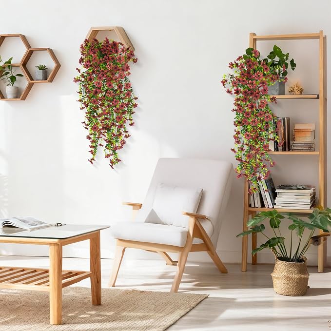INQCMY Artificial Fake Hanging Flowers Plants for Outdoor Fall Decoration | 2PCS Faux Silk Daisy with Eucalyptus Leaves,UV Resistant Look Real for Outside Home Planter Porch Patio Yard Autumn Decor