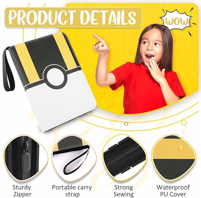 Card Binder 4 Pocket, Trading Card Holder Fits 400 Cards With 50 Removable Sleeves, Portable Collection Card Ablum, Game Card Case book With Zipper for Gift - Black