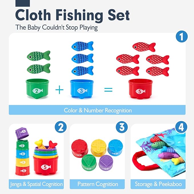 hahaland Montessori Toys for 1 Year Old Boy Girl Birthday Gift - 10 in 1 Cloth Fishing Game Valentines Day Gifts for Toddler Toys 1-3 with Stacking Cups - Number Counting, Color Sorting Learning