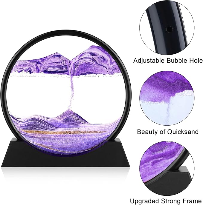 Moving Sand Art Picture - 3D Quicksand Painting Decor - Round Glass 3D Deep Sea Sandscape - Relaxing Home Decoration Desk Toys for Home Office Desk Mantle Bookshelf- (Purple, 12 in)