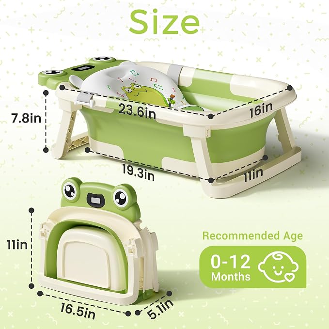BUNWAG Baby Bathtub, Collapsible Newborn Bathtub for Infant to Toddler with Soft Cushion and Thermometer,Portable Travel Newborn Tub with No-Slip Feet, Baby Shower Gifts, 0-12 Months Baby Bath, Green