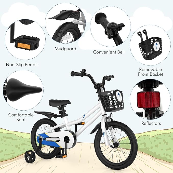 COSTWAY Kids Bike, 12 14 16 18 Inch Toddler Bike for Boys & Girls Aged 3-8 Years Old, Kids Bicycle w/Removable Training Wheels, Handbrake & Coaster Brake, Basket, Bell