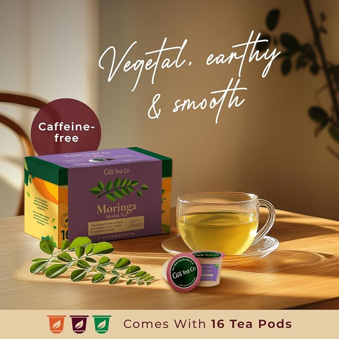 Gya Tea Co Moringa Herbal Tea Pod (16 Count)- Decaf Wellness Tea for Body Comfort & Relaxing