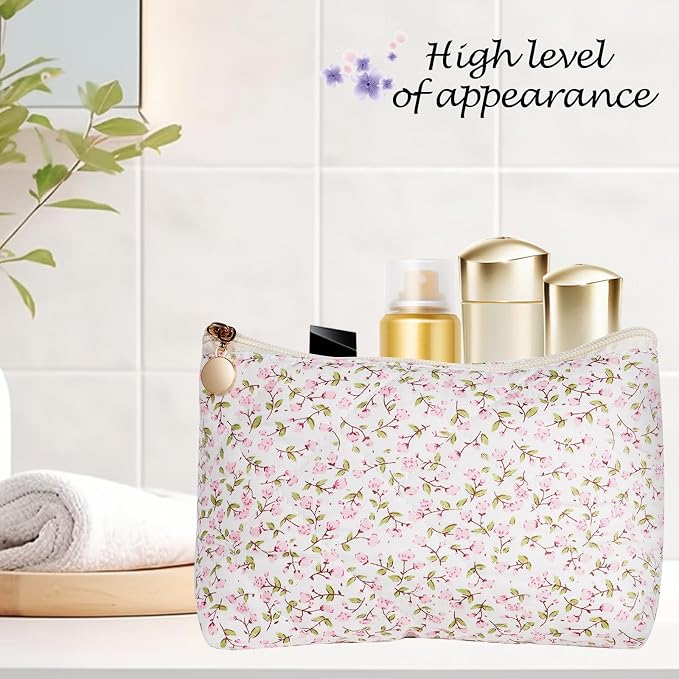 Quilted Cotton Makeup Bag, Coquette Quilted Toiletry Bag for Women and Girls, Floral Coquette Pouch, Cute Kawaii Travel Cosmetic Bags (Pink Floral)