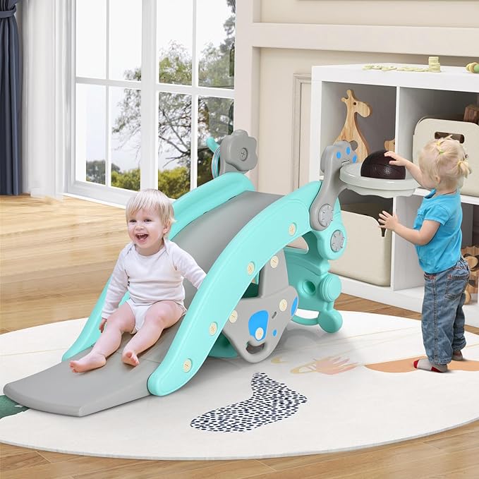 HONEY JOY Toddler Slide Rocking Toy, 6 in 1 Convertible Freestanding Slide for Kids w/Basketball Hoop/Ring Toss Game/Rocking Horse/Stool, Foldable Baby Climber Playground Slide for Indoors Outdoors