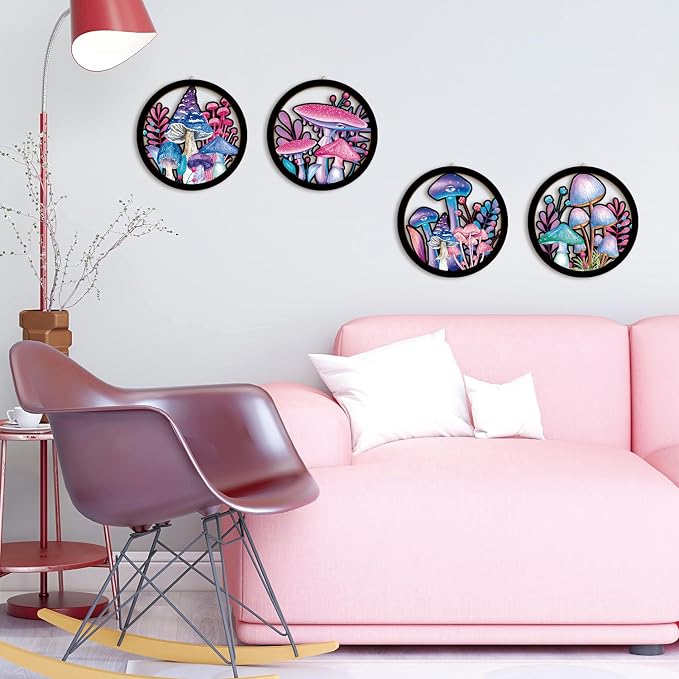 HPNIUB Abstract Whimsical Mushroom Cottage Wall Decor, Watercolor Moody Botanical Plant Moss Hanging Sign, 4 Pieces 10''x10'' Vintage Farmhouse Magical Mushroom Artwork for Bedroom Nursery Home Decor