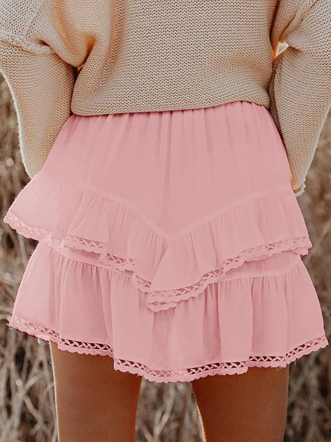 Flowy Shorts for Women Casual Boho Ruffle Tiered Skorts High Waist Mini Skirts Golf Tennis Crochet Shorts