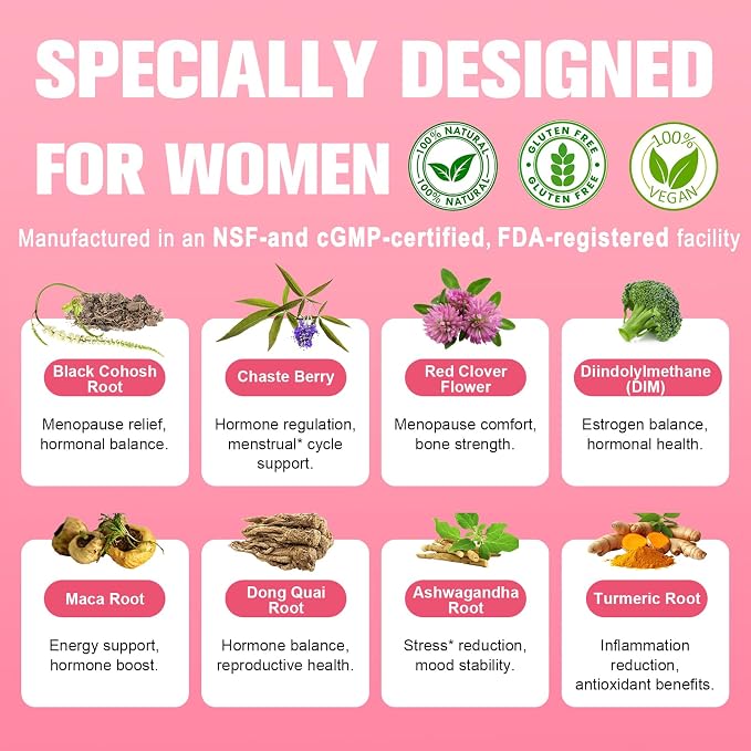 40-in-1 Menopause Supplements for Women, Multibenefit & Complete Black Cohosh for Hot Flashes, Night Sweats & Hormone Balance, w/ Probiotics, DIM, Vitex, Dong Quai, Red Clover and More, 120 Vegan Caps
