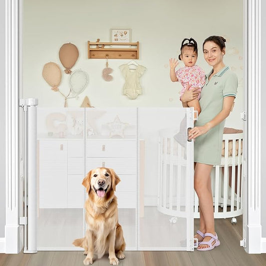 Reinforced 42” Extra Tall Retractable Dog Gate for Doorways, Extends up to 60” Wide, Mesh Baby Gate, Tall Baby Gates with Rods to Prevent Crawling Through Retractable Pet Gate Indoor Outdoor, White