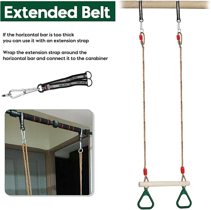 Trapeze Swing Bar with Rings, Wooden Trapeze Swing Bar with Plastic Gym Rings Adjustable Rope, Locking Straps, Outdoor Swing Set Playground Accessories for Kids (Green)