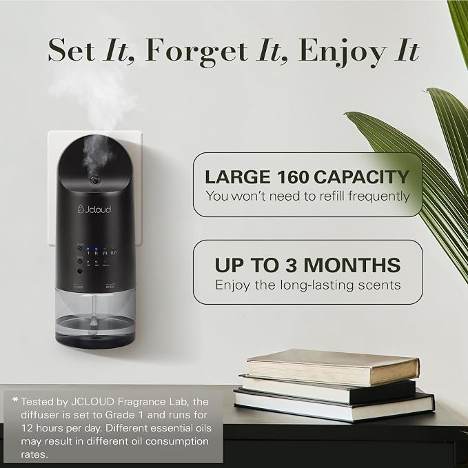 JCLOUD Plug in Diffuser Covers Up to 500 Sq. Ft. for Home, Office, Spa – Waterless Scent Diffuser Starter Kit with Royal Serenity Essential Oil Inspired by Luxury Hotel 140mL, Black