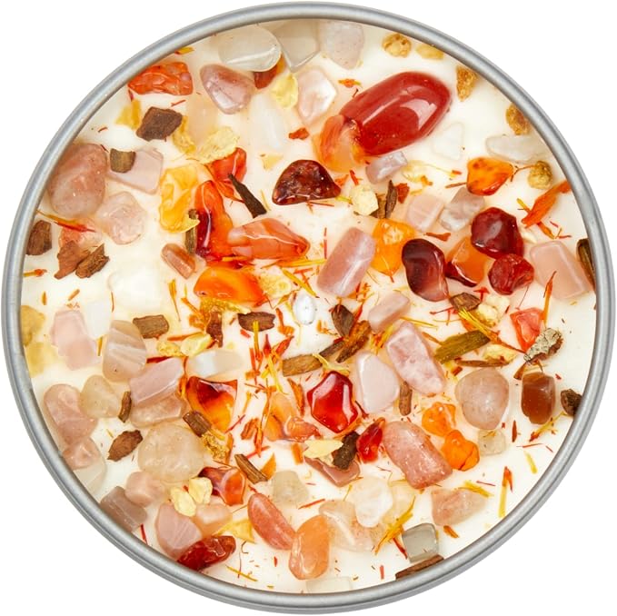 Sacral Chakra Candle by New Moon Beginnings - Chakra Candles - Dried Flower, Herb, & Crystal Candles - Aromatherapy Candles - Soy Candle - 8oz Tin