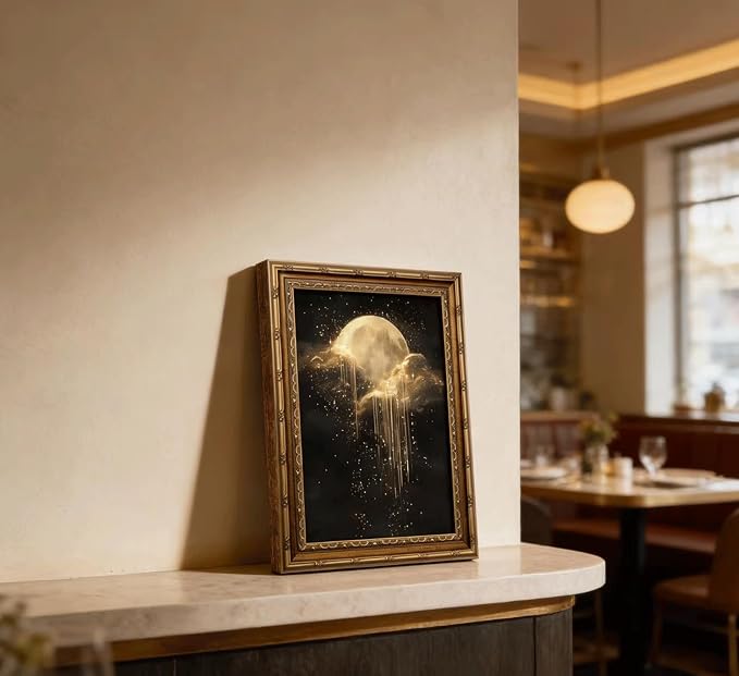 Vintage Gold Framed Golden Moon Celestial Wall Art,Moody Celestial Painting Canvas Print,Glittering Golden Rain & Sparkling Stars Wall Decor,Gothic Night Sky Stars Artwork,for Bedroom Living Room Bathroom