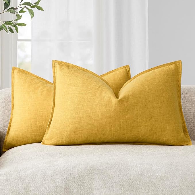 Foindtower Pack of 2, Decorative Linen Solid Throw Pillow Covers Accent Lumbar Cushion Case Boho Farmhouse Pillowcase for Chair Couch Sofa Bedroom Living Room Home Decor 12 x 20 Inch Ginger Yellow