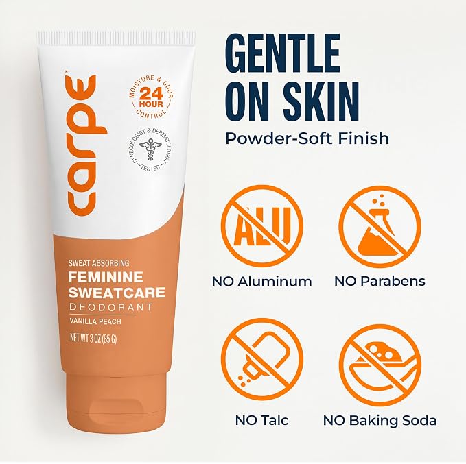 Carpe Feminine Sweatcare Intimate Deodorant - pH Balanced, 24Hr Moisture & Odor Control Whole Body Deodorant for Women - Gynecologist Tested & Safe for Private Parts - Vanilla Peach - 3oz