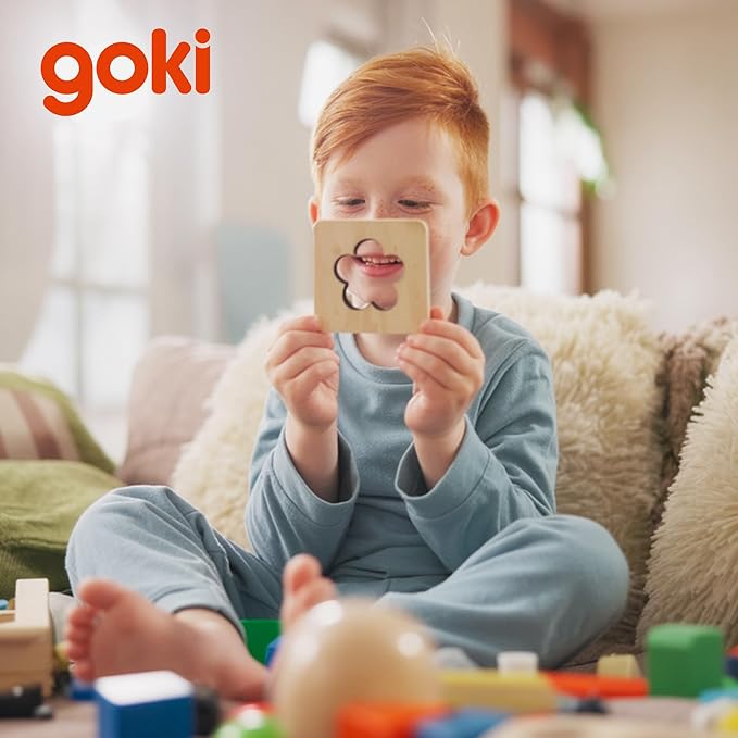 GOKI Wooden Montessori Sensory Toys for Toddlers - Shape Matching Wooden Puzzle with 16 Pieces & Cotton Bag - Shape Recognition & Fine Motor Skills - Learning Sensory Game for Kids Ages 3+