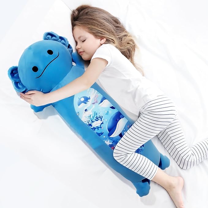 22” Long Axolotl Plush Body Pillow, Cute Blue Ocean Axolotl Stuffed Animals, Salamander Squishy Soft Plushies Toy, Gifts for Kids Girls and Boys, Birthdays Easter ﻿