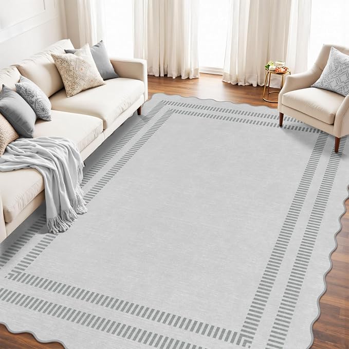 8x10 Area Rugs, Scalloped Grey Modern Living Room Rug, Solid Large Machine Washable Rug Non-Slip, Soft Lightweight Carpet for Bedroom Playroom Dining Room