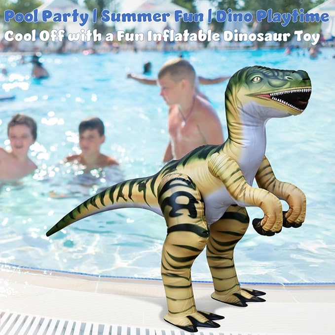 Jet Creations Velociraptor Inflatable 51" Lx30 H, Ages 3+ Dinosaur Toy – Party Decoration, Pool Play, Yard Display, Jurassic Themed Photo Prop, VBS, Green and Tan Raptor, 1 pc