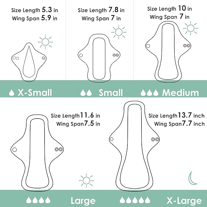 wegreeco 6 Pcs Reusable Menstrual Pads, Ultra Absorbent Cloth Pads for Light/Heavy Flow, Sanitary for Teens, Women, Nonslip Panty Liners + Bag (Aqua, Burgundy, Coffee, L)