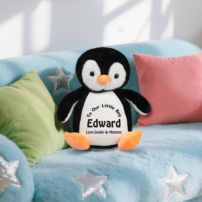 Custom Penguin Stuffed Animal with Name Date, 13.8" Personalized Cute Penguin Plush for Boy Girl Kids Birthday Christmas Bedtime Gifts