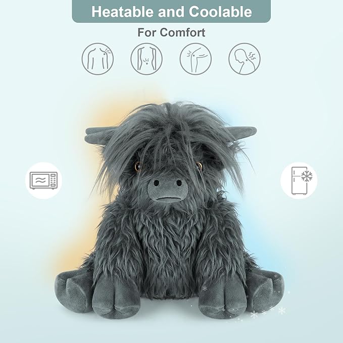 Heatable & Coolable Highland Cow Stuffed Animal, Microwavable Heating Pad for Soothing & Relaxation, Black Cattle Plushies for Stress Relief, Lavender Scented Stuffed Cow Gifts