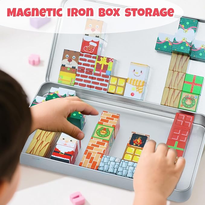 Magnetic Blocks Set, 45PCS Educational STEM Christmas Travel Building Toys for Kids 3+, Portable Magnetic Block with Metal Storage Box, Toddler Learning Toys for Boys Girls 4-8 Birthday Gift