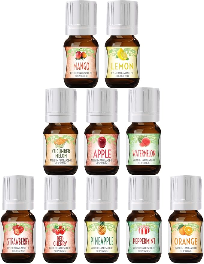 Good Essential Fruity Fruits Fragrance Oil Set Pack of 10 - 5ml Set - Strawberry, Apple, Watermelon, Pineapple, Cucumber Melon, Red Cherry, Mango, Peppermint, Lemon, & Orange - Candle Fragrance Oil