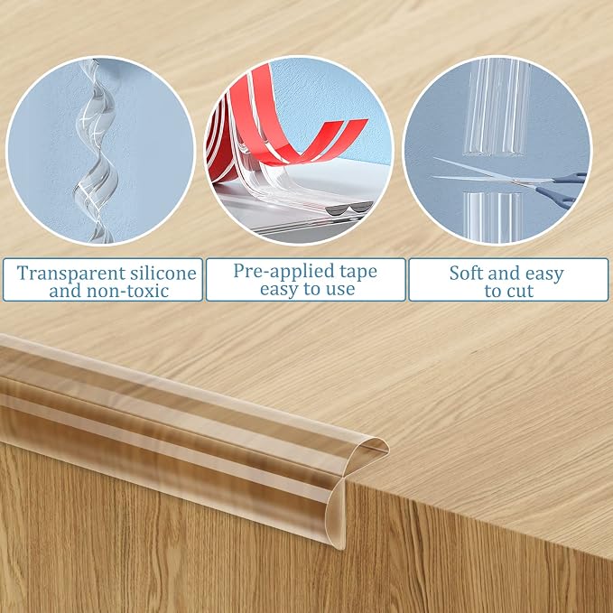 Edge Protector Baby Proofing Corner Protectors Silicone Desk Edge Cushion Child Safety Edge Covers Bumper for Table, Cabinets, Crib, 6.6 ft x 1.2 Inch Edge Protector Strip with 4 Pack Corner Guards