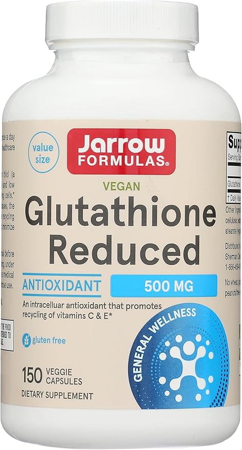 Jarrow Formulas Glutathione Reduced 500 mg - 150 Veggie Capsules - Intracellular Antioxidant - Quality Glutathione Supplements - Supports Recycling of Vitamins C & E - Non-GMO - Gluten Free - Vegan
