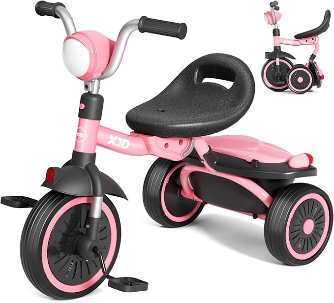 XJD Toddler Tricycle, Foldable Toddler Bike with Pedals, Tricycle for 2-5 Year Olds, Adjustable Comfortable Seat, Christmas Birthday Gifts for 1-5 Years Old Boys and Girls (Pink)