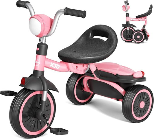 XJD Toddler Tricycle, Foldable Toddler Bike with Pedals, Tricycle for 2-5 Year Olds, Adjustable Comfortable Seat, Christmas Birthday Gifts for 1-5 Years Old Boys and Girls (Pink)