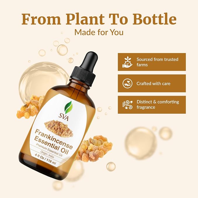 SVA Frankincense Essential Oil – 4 Fl Oz – for Diffuser, Skin & Hair Care – Ideal for Massage & DIY Blends – with Dropper