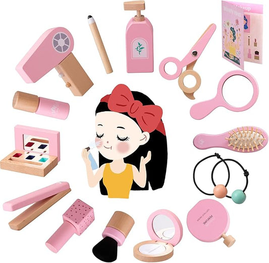 Ehome Wooden Beauty Salon Play Set, Makeup Kit Play Set Wood Makeup Toy Set for Toddler Pretend Play Makeup Kit with Realistic Accessories for Girls 3 4 5 6 7 8 Year Old Christmas Birthday Gifts