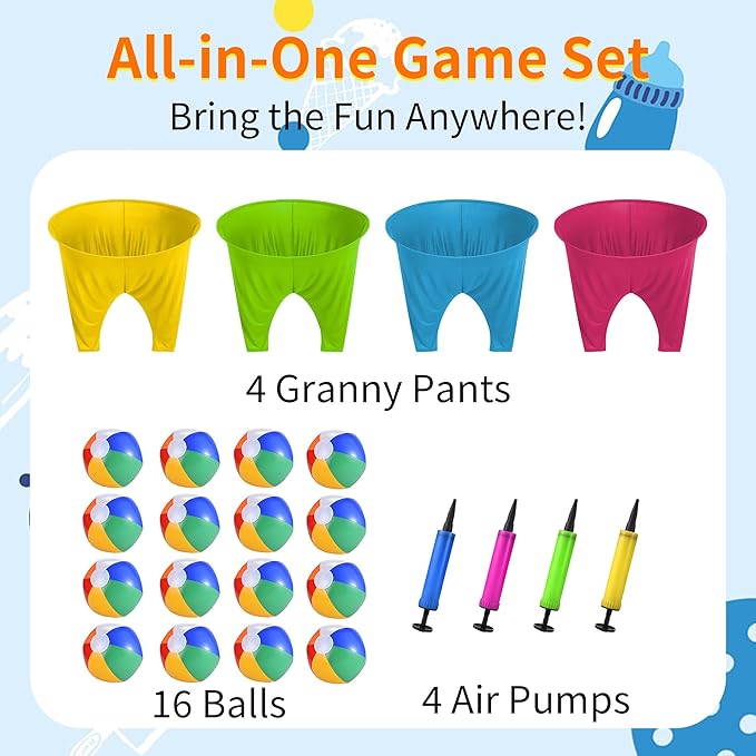 Granny Pants Outdoor Game Set, 4 Giant Pants with 16 Bouncy Balls & 4 Pumps, Funny Yard Toss Relay Game for Teens & Adults, Outdoor Party Game for BBQ, Picnic, Family Reunion & Team Building
