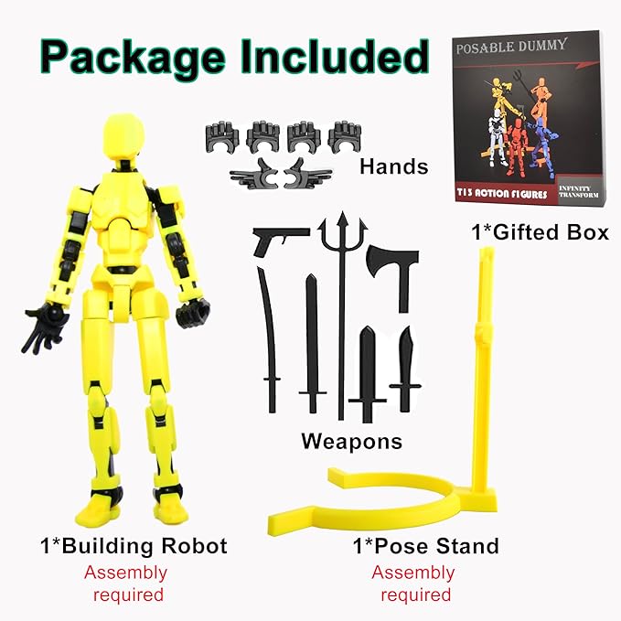 T-13 Action Figure with Pose Stand,Anime Robot Building Toy Sets,Lucky Puppet Joints for Boys,Girls,Men,Women,Multi-Jointed Moveable Dummy Desk Decoration,Desktop Ornament for Game Lover,Yellow