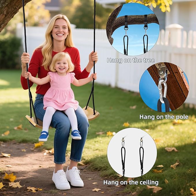PELLOR Birch Wood Tree Swing - 330lbs Load, 20.8"x7.8" Swing Seat for Adults&Kids, 59-86" Adjustable Nylon Rope, Indoor/Balcony Outdoor Swing for Parent-Child Interaction