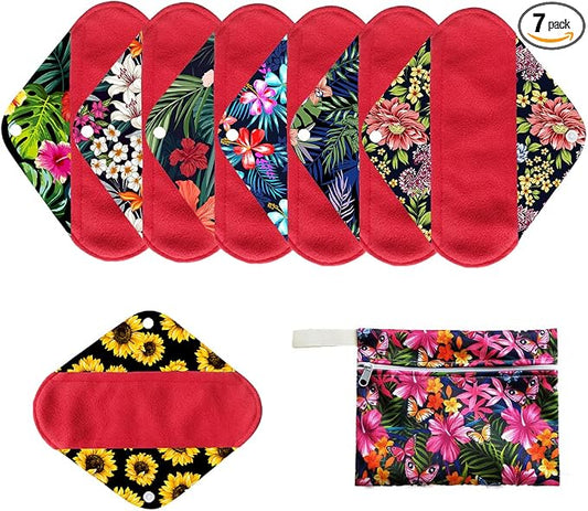 7pcs Set Reusable Women Menstrual Pads Including 1pc Mini Wet Bag +6pcs Reusable Washable Stay Dry Cloth Menstrual Pads/Maternity Mama Sanitary Wipes/Mama Panty Liners