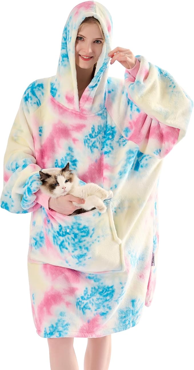 Krifey Wearable Blanket Hoodie, Oversized Sherpa Fleece Sweatshirt with Giant Pocket, Birthday Gifts for Women, Mom, Sister, Pink Tie Dye