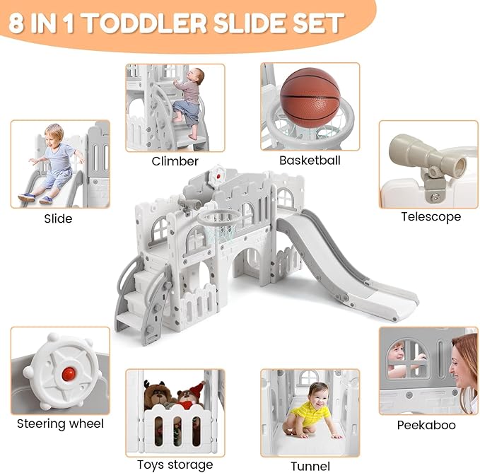GarveeLife 8-in-1 Toddler Indoor Playground with Slide: Baby Slide Playset for Toddlers Ages 1-3 Outdoor Play, Kids Slide Includes Basketball Hoop, Climber, Crawling Tunnel, Telescope, Toy Storage