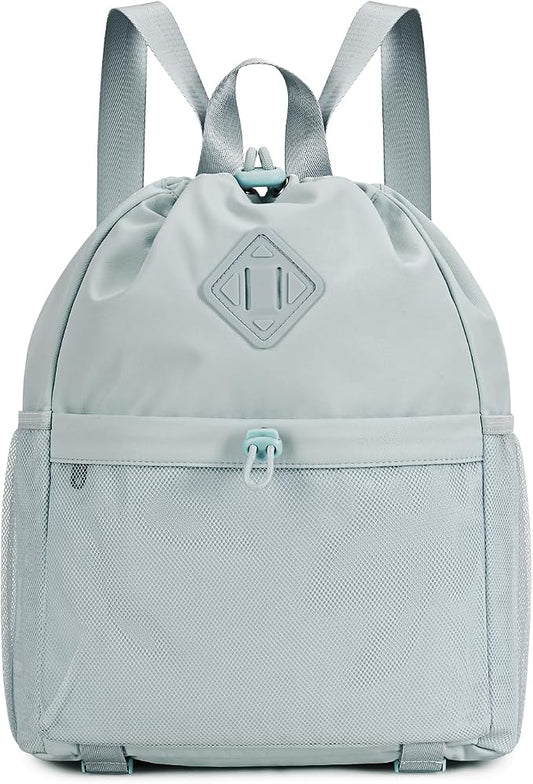 WANDF Drawstring Backpack for Women, Lightweight Gym Bag with Yoga Mat Strap, Water-Resistant String Backpack with Mesh Pocket (Grey, Patent Pending)
