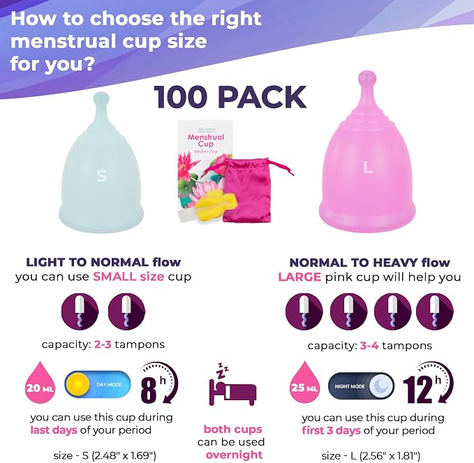 AMZ Medical Supply Silicone Menstrual Cups Small/Large. 100 Pack Period Cups for Women Heavy Flow, Normal Flow. Pink & Transparent Reusable Period Cup + Storage Bag & Brush. Leak Proof Menstrual Cup