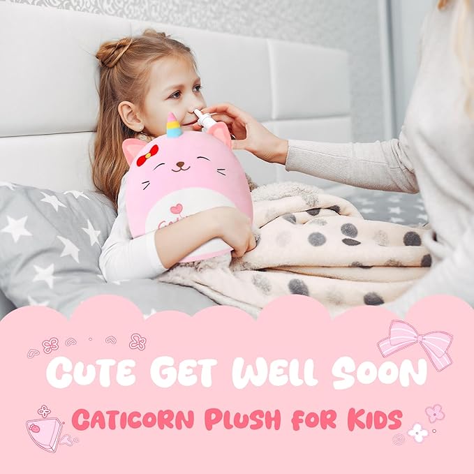 Get Well Soon Caticorn Plush, Cute Pink Caticorn Stuffed Animal, Soft Feel Better Gifts for Kids Women Men