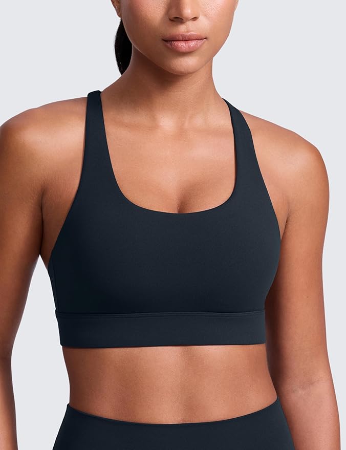 CRZ YOGA Butterlift Wide Criss Cross Straps Supportive Sports Bras for Women - Medium Impact Strappy Gym Padded Workout Top
